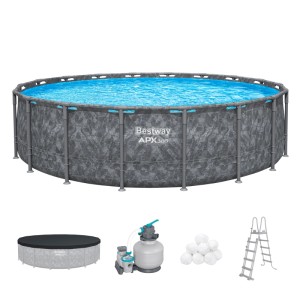 Bestway Frame Pool Set, 549x132cm, mit Sandfilteranlage, Leiter, Abdeckplane und Filterbällen.