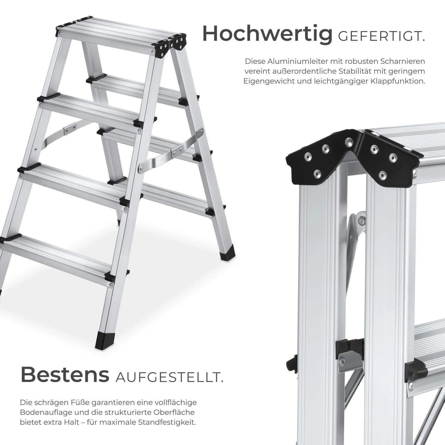 Silberne Tectake doppelseitige Aluminium Trittleiter mit 4 rutschfesten Stufen, klappbar. Stabil und sicher.