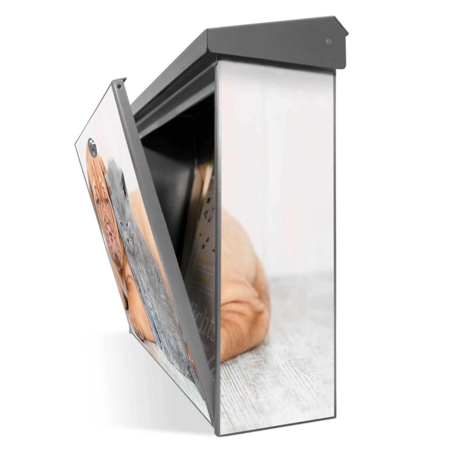 Banjado Edelstahl Briefkasten mit Hund und Katze Motiv, ohne Zeitungsfach.