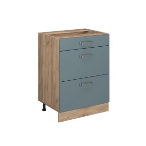 Vicco Küchenunterschrank R-Line, blau-graue Front, Eiche Dekor, 60 cm breit, mit Schubladen.