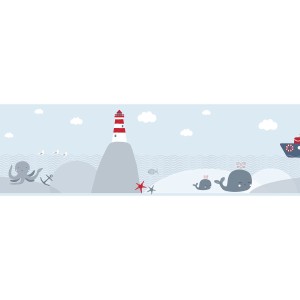 Kindertapete mit Tiermotiv: Leuchtturm, Wale, Oktopus, Schiff in Grau, Rot und Blau.