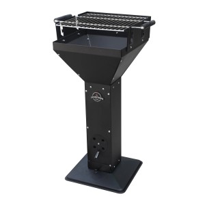 Schwarzer Jamestown Holzkohle-Trichtergrill Ted mit verchromtem Grillrost und Windschutz.