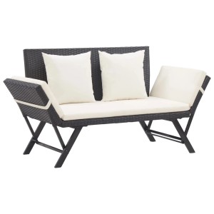 Schwarze furnicato Gartenbank aus Polyrattan mit Auflagen und Kissen, verstellbare Seitenteile.