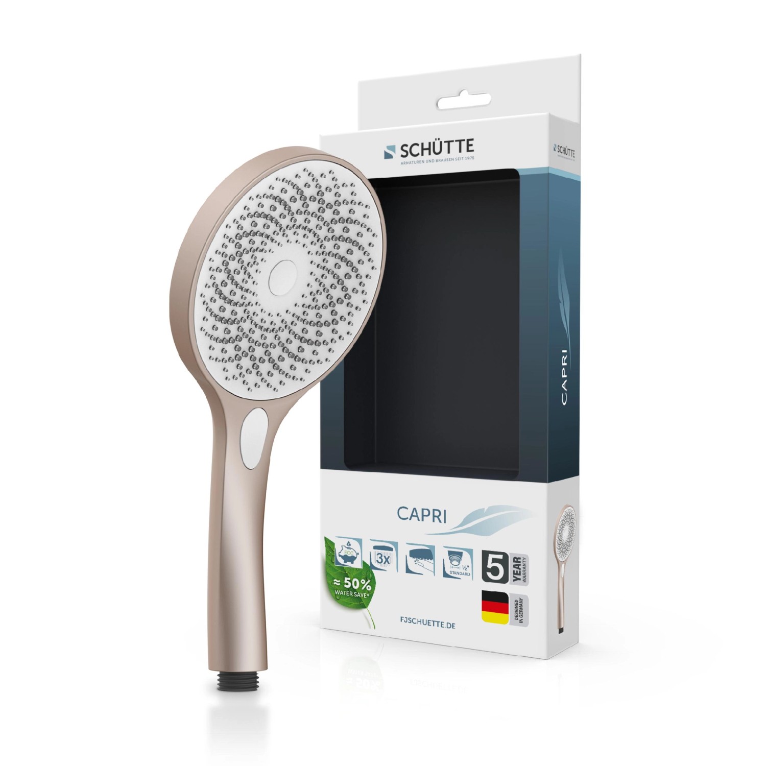 Schütte Handbrause Capri in Rosé Matt/Weiß mit Verpackung.