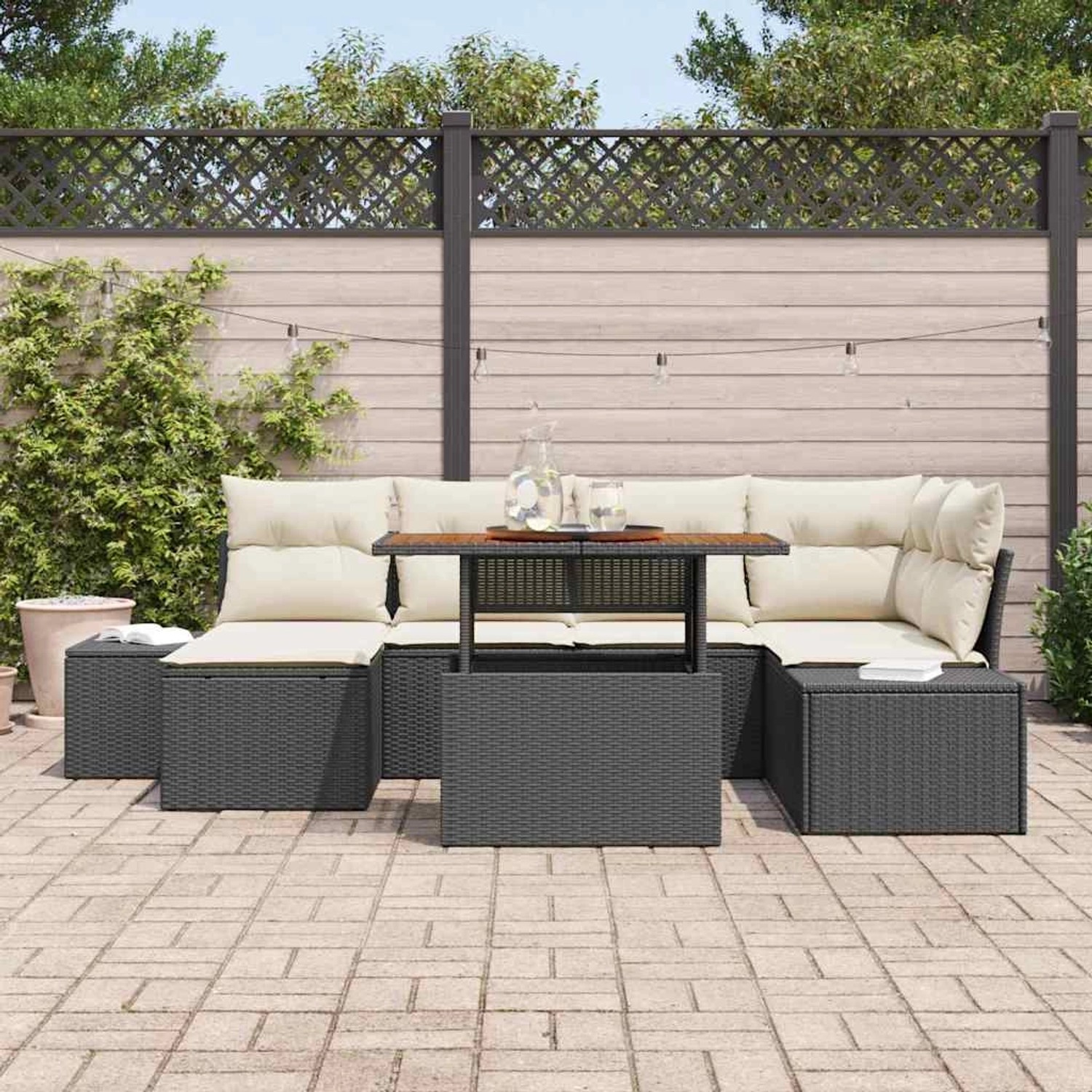 vidaXL Garten-Sofa-Set, 7-teilig, schwarz, Poly Rattan, mit Tisch und Stauraum.