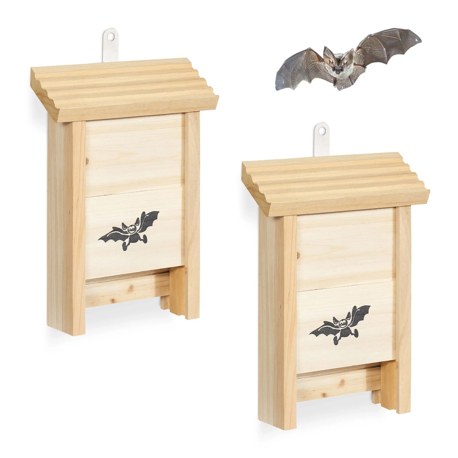 Relaxdays Fledermauskasten 2er Set Holz Metall Natur Unbehandelt Aufhängbar 25 cm x 18 cm x 6 cm 0,32 kg