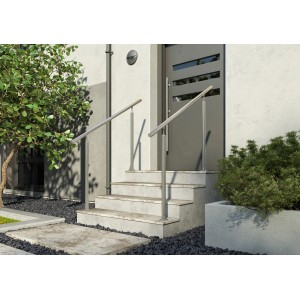 Dolle Eingangsgeländer Edelstahl, 150 cm, mit 2 Pfosten zur Bodenmontage an einer Haustreppe.