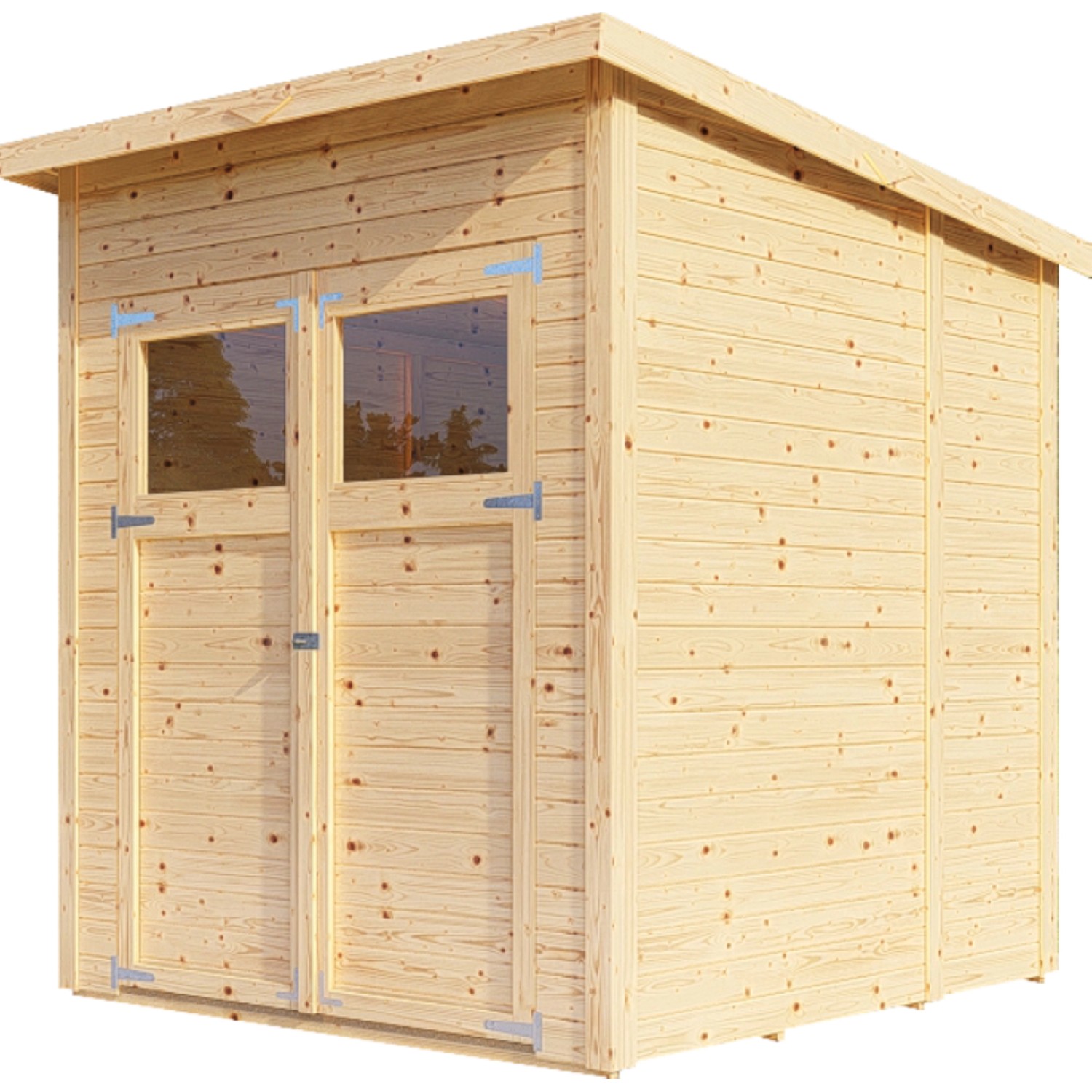 Bertilo Gartenhaus Amrum 2 aus Holz, naturbelassen mit Doppeltür und Lichtausschnitten.