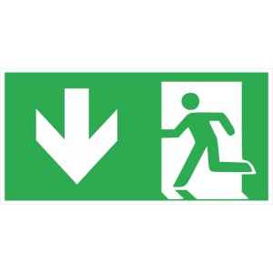 Nachleuchtendes Fluchtwegschild mit Pfeil nach unten, 30x15cm, für Innen- und Außenbereich.