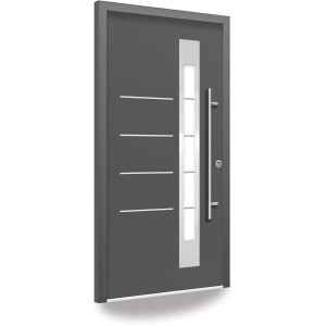 Moderne anthrazitfarbene Splendoor Sicherheits-Haustür Berlin Prime RC2 mit Edelstahl-Applikationen und Glaseinsatz.