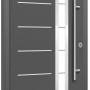 Moderne anthrazitfarbene Splendoor Sicherheits-Haustür Berlin Prime RC2 mit Edelstahl-Applikationen und Glaseinsatz.