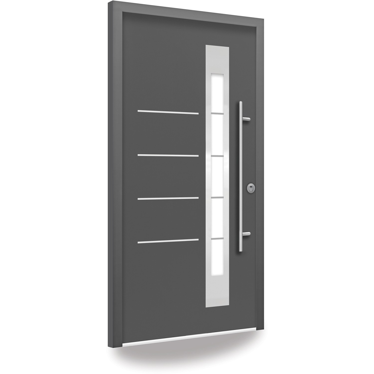 Moderne anthrazitfarbene Splendoor Sicherheits-Haustür Berlin Prime RC2 mit Edelstahl-Applikationen und Glaseinsatz.