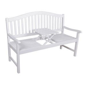 Weiße Gartenbank aus Eukalyptusholz mit integriertem, hochklappbarem Tisch. Ideal für Terrasse & Outdoor.