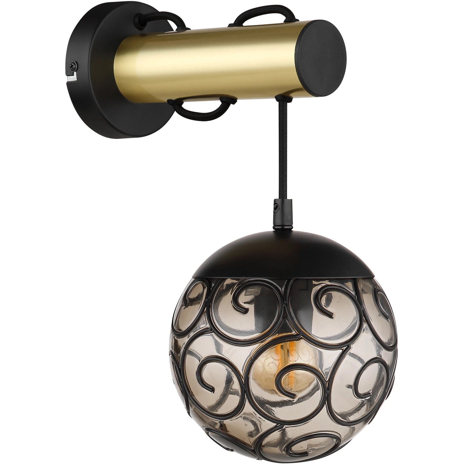 Moderne Globo Wandlampe Fitz, schwarz-gold mit rauchfarbenem Glasschirm.