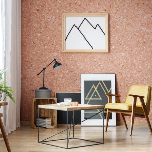 Wohnraum mit Grosfillex Wandpaneel Element 3D Optik New Terrazzo Rose als Wandverkleidung.
