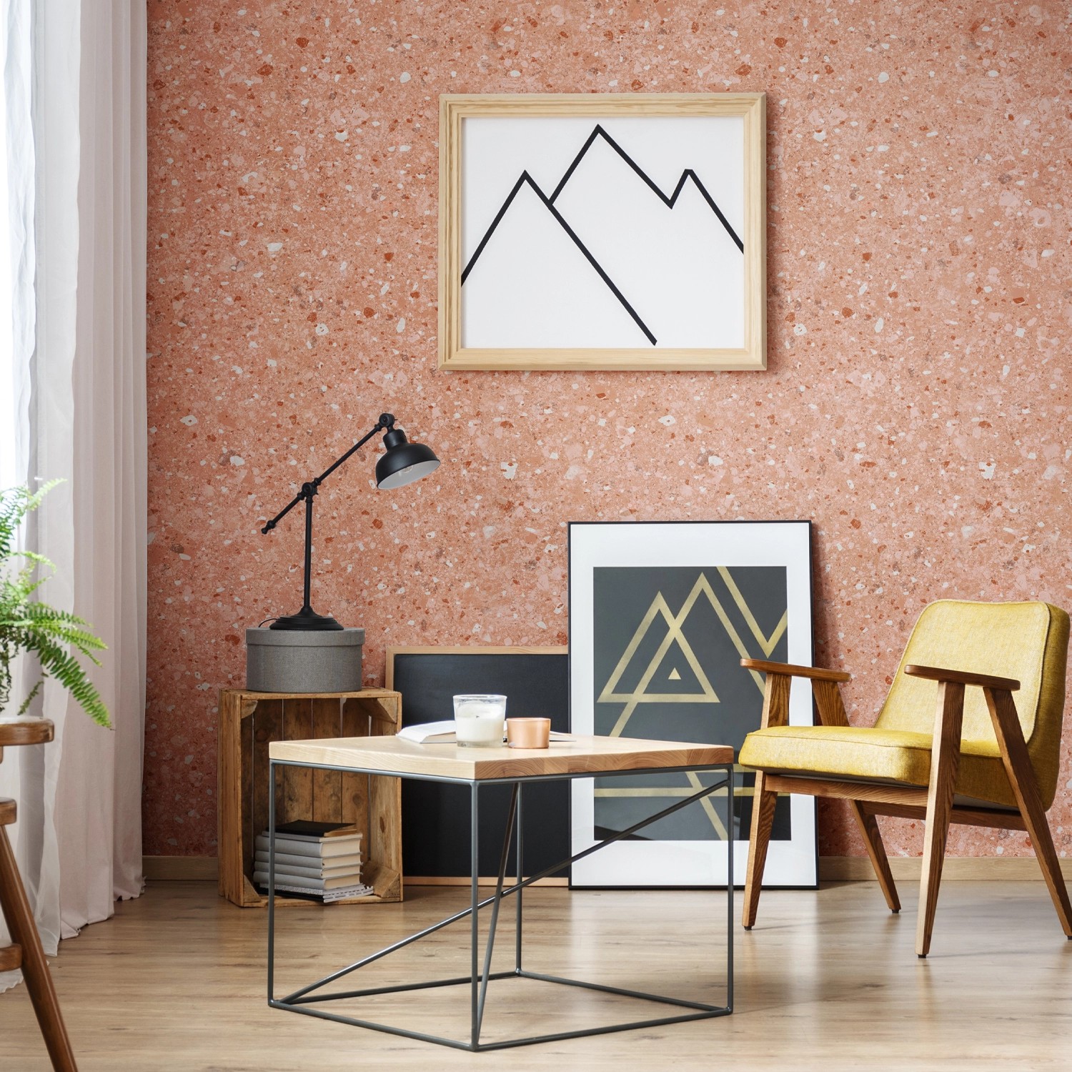 Wohnraum mit Grosfillex Wandpaneel Element 3D Optik New Terrazzo Rose als Wandverkleidung.