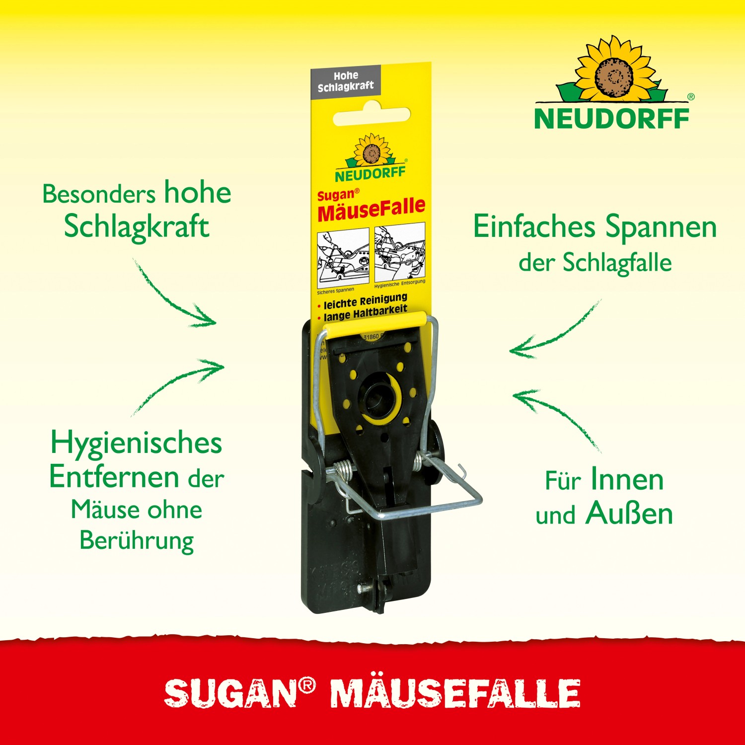Neudorff Sugan Mäusefalle aus Kunststoff und Stahl, wiederverwendbar und anwenderfreundlich.