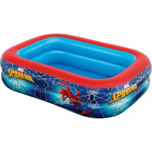 Rechteckiger Bestway Familienpool mit Spider-Man Design, blau und rot.