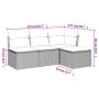 Graue 4-tlg. vidaXL Garten-Sofagarnitur aus Polyrattan mit Kissen, Maße eingezeichnet.