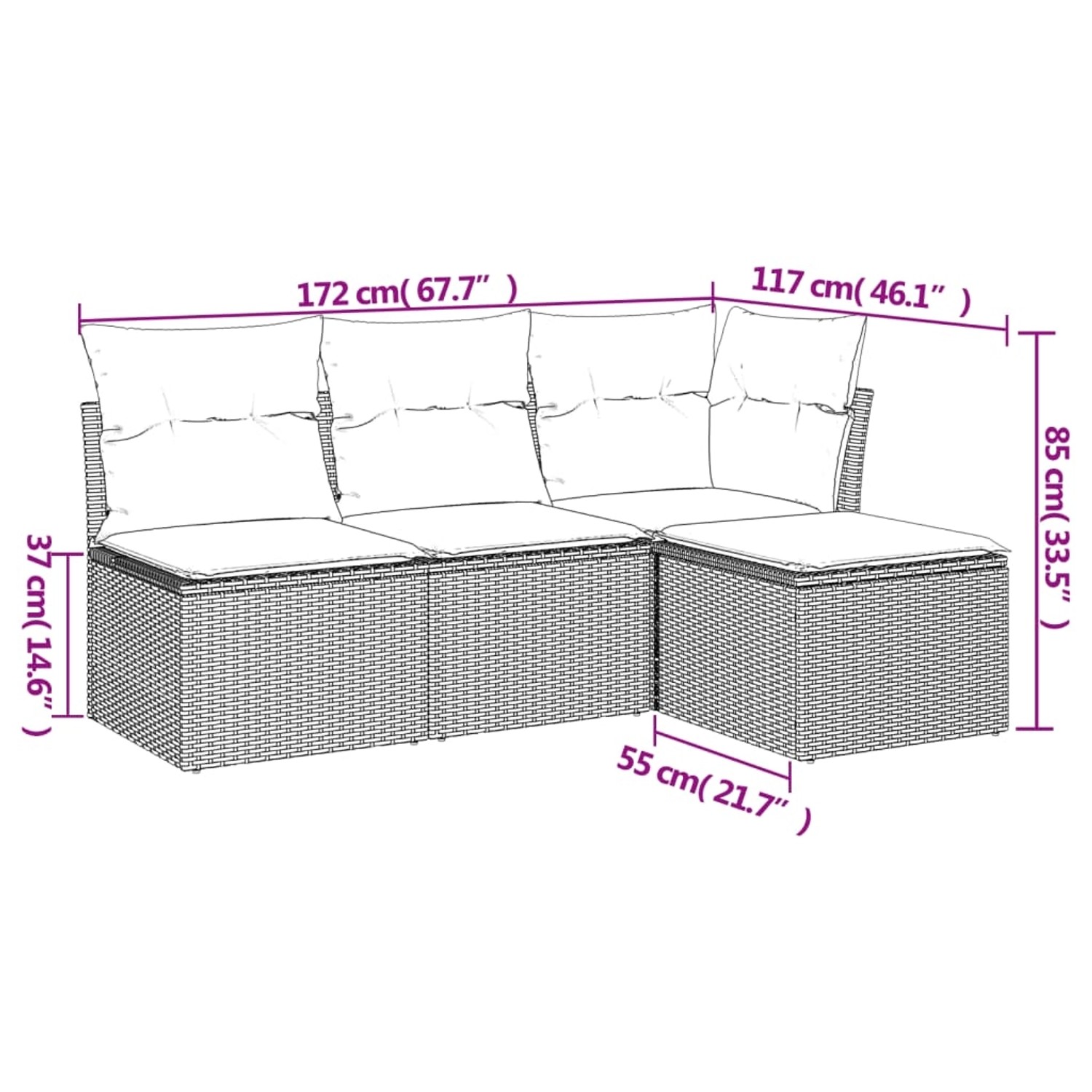 Graue 4-tlg. vidaXL Garten-Sofagarnitur aus Polyrattan mit Kissen, Maße eingezeichnet.