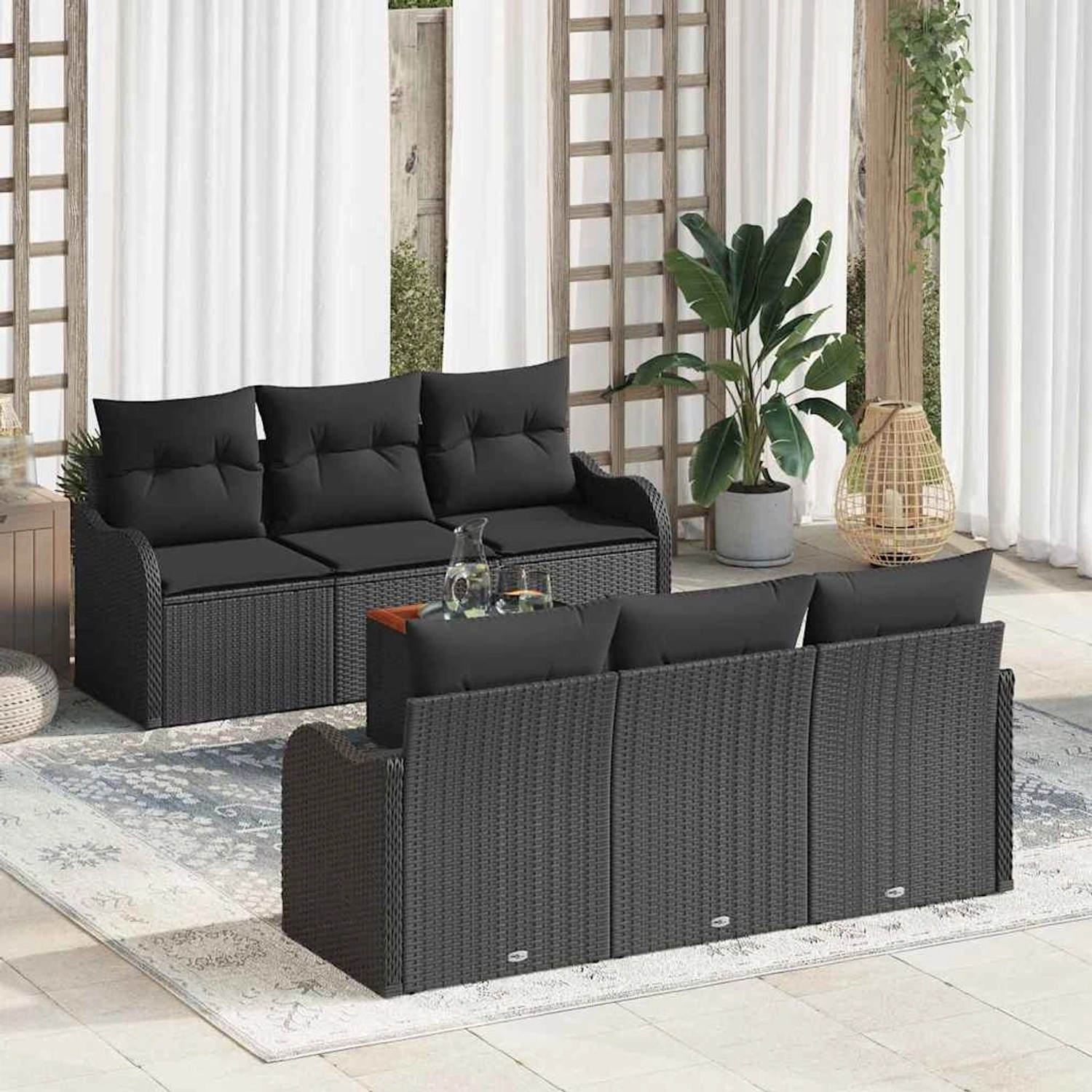 Schwarzes 7-teiliges Garten-Sofa-Set aus Poly Rattan von vidaXL. Gartenmöbel mit Stauraum.