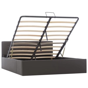 Graues vidaXL Stauraumbett aus Kunstleder, geöffnet, mit Lattenrost und Stauraum.