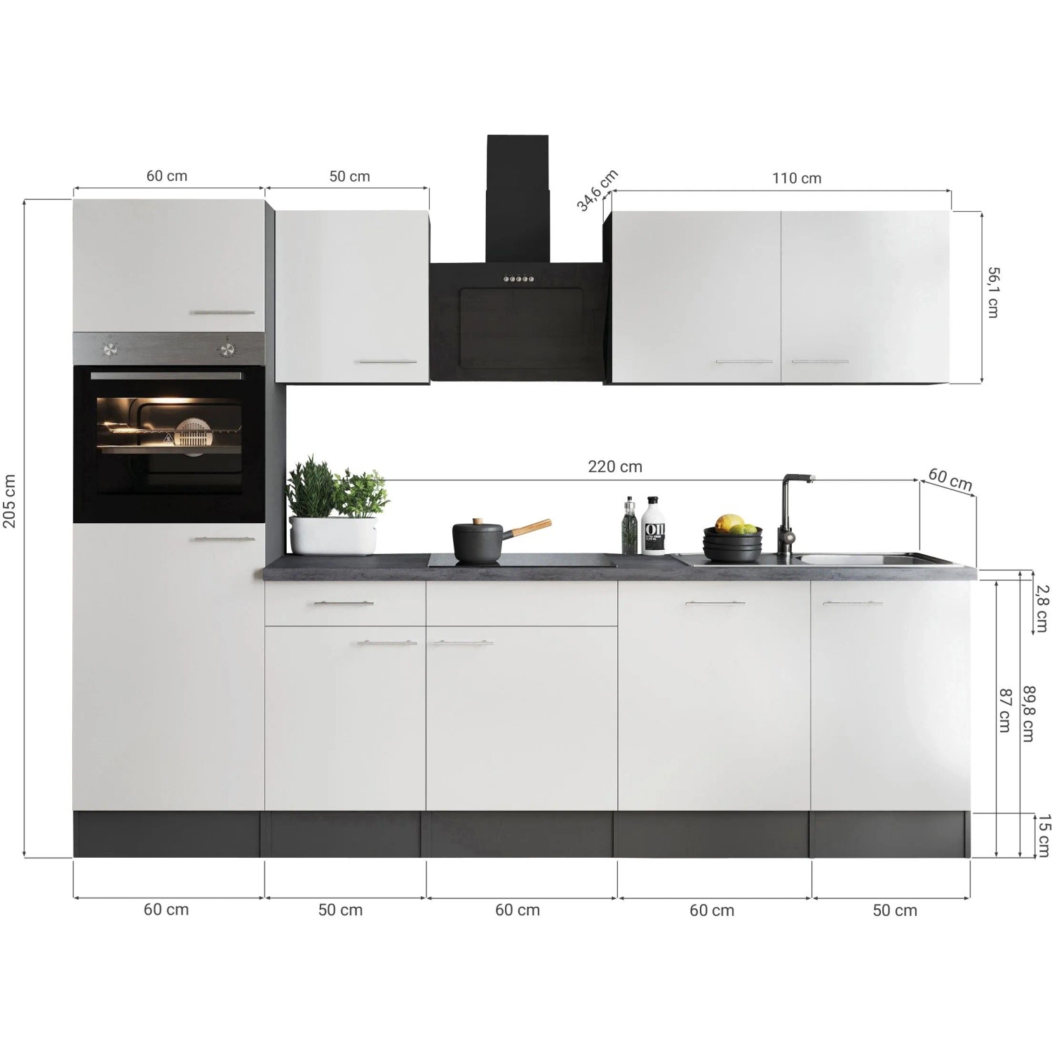 Respekta Küchenzeile Oliver 280 cm Grau Matt mit Elektrogeräten und Maßen.