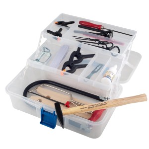 Pebaro Laubsäge-Set, 35-teilig, im transparenten Werkzeugkoffer mit Laubsäge, Hammer, Zangen und weiterem Werkzeug.