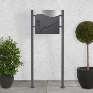 Moderner ECD Germany Standbriefkasten in Anthrazit/Silber mit Zeitungsfach und Ständer in Anthrazit.