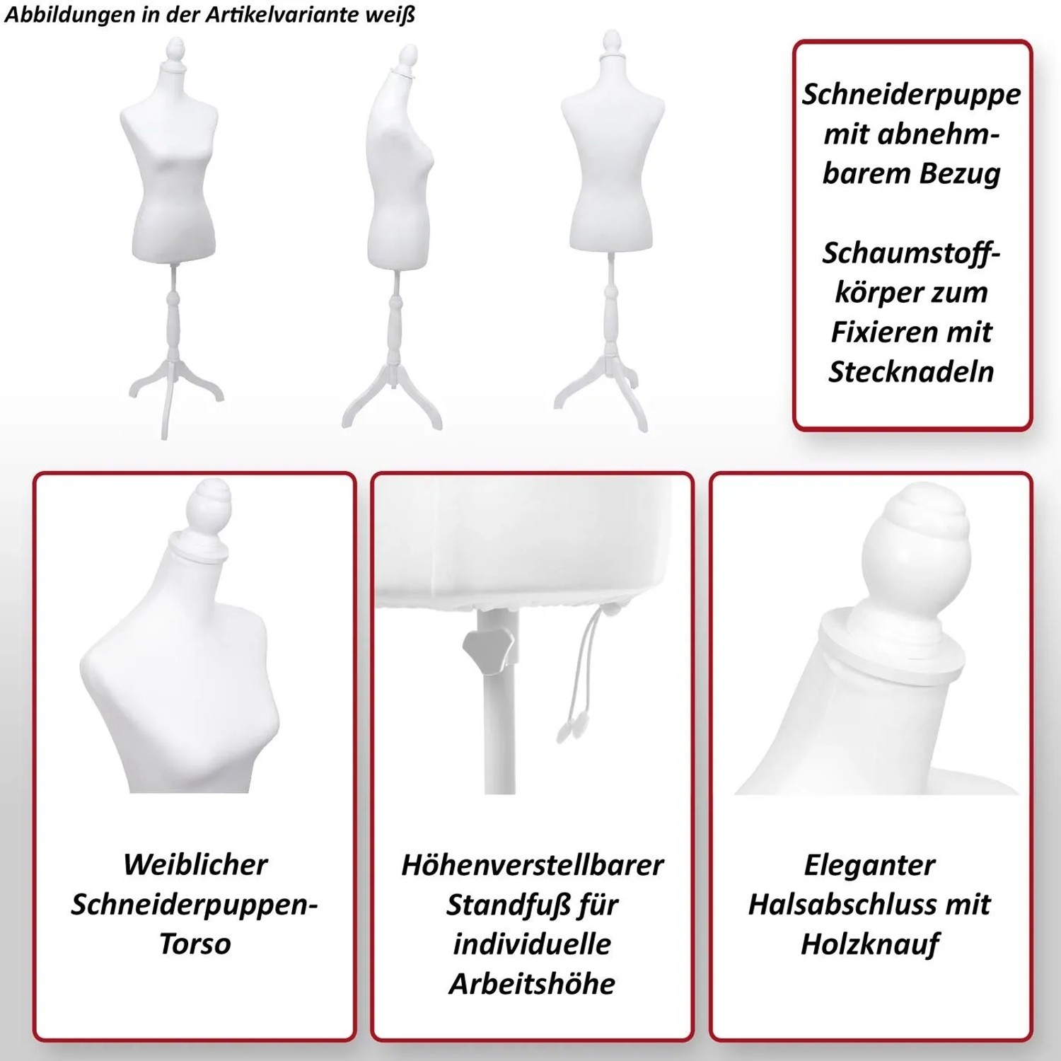 Weiße weibliche Schneiderpuppe Q24, Schaumstofftorso, abnehmbarer Bezug, höhenverstellbarer Standfuß. Dekorative Figur.