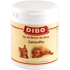 Dibo Calcium Plus Ergänzungsfutter für Hunde und Katzen, Dose mit Katze und Hund auf dem Etikett.
