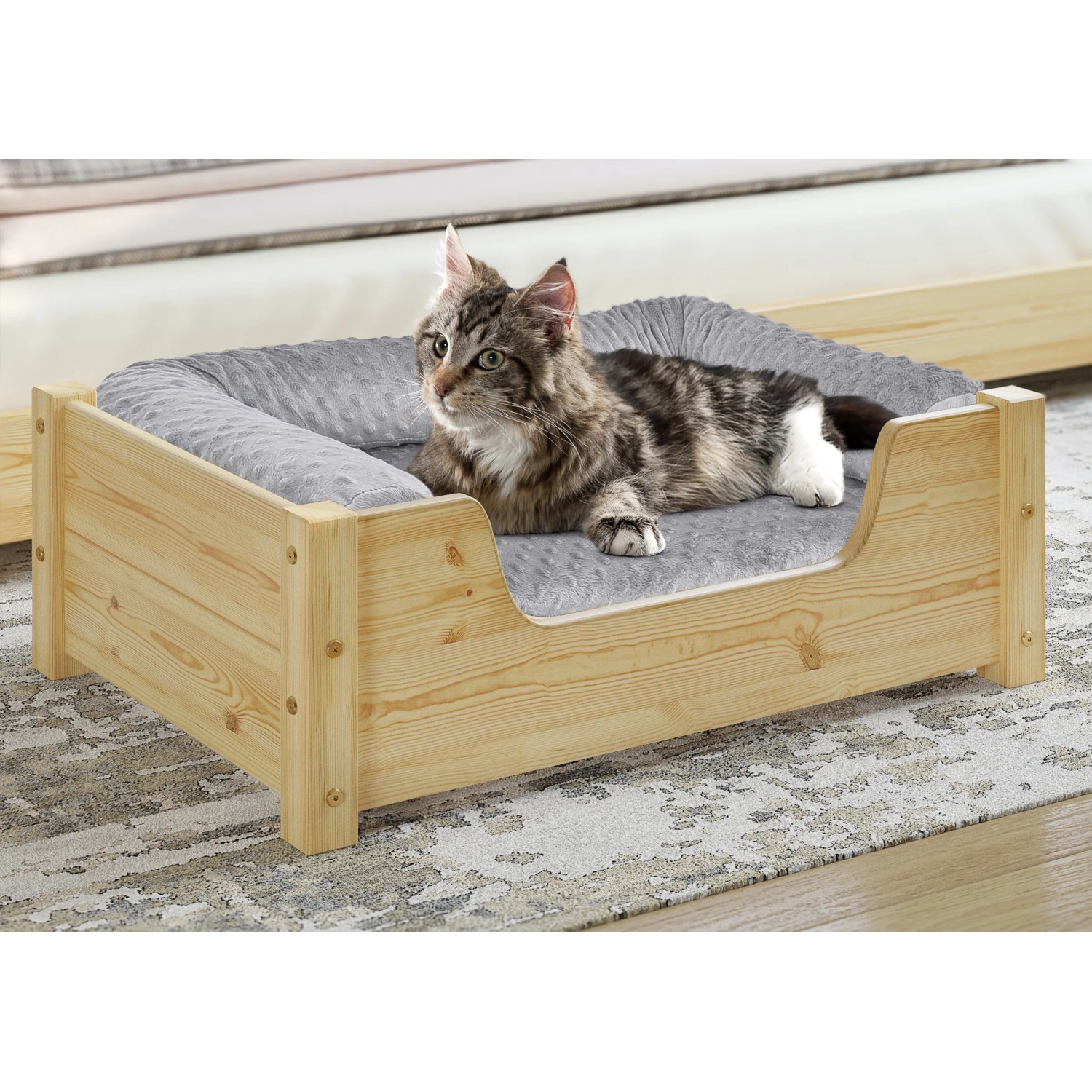 Gemütliches Tierbett aus Kiefernholz mit Katze, 60x40 cm, Rollrost inklusive.