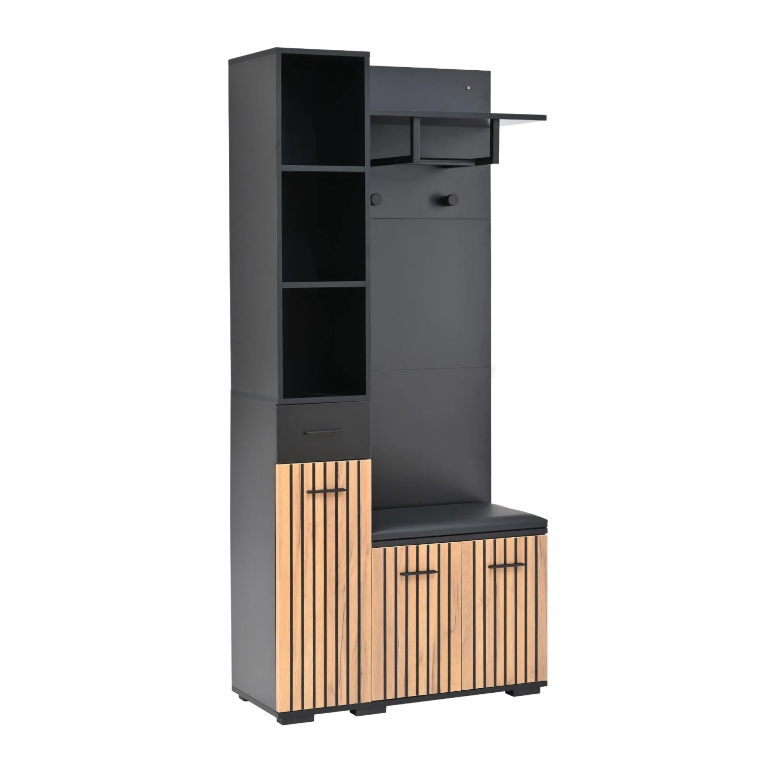 okwish Kompaktgarderobe mit 2 Kleiderhaken Schuhbank Flur 80x175x35cm Schwarz Natur