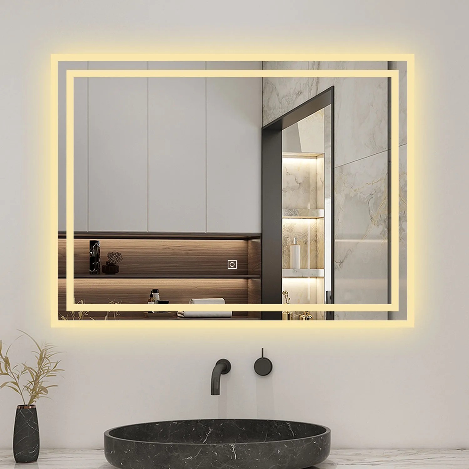 Rechteckiger Badspiegel 80x60 cm mit LED-Beleuchtung, dimmbar und drei Lichtfarben.