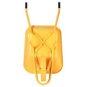 Gelbe Haemmerlin Schubkarre Expert mit 100 l Mulde und PU-Rad, Ansicht von hinten.