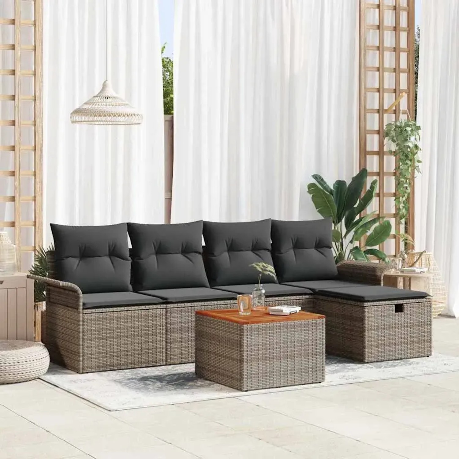 Graues 6-tlg. vidaXL Garten-Sofa-Set aus Poly Rattan mit Stauraum und Tisch.