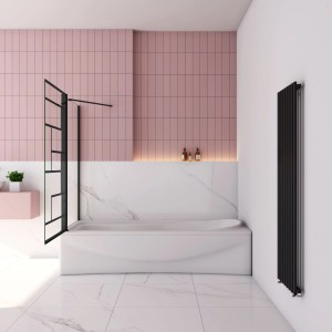 Schwarze AICA Badewannenfaltwand 80x75cm mit Seitenwand, Höhe 140cm als Badewannenaufsatz.