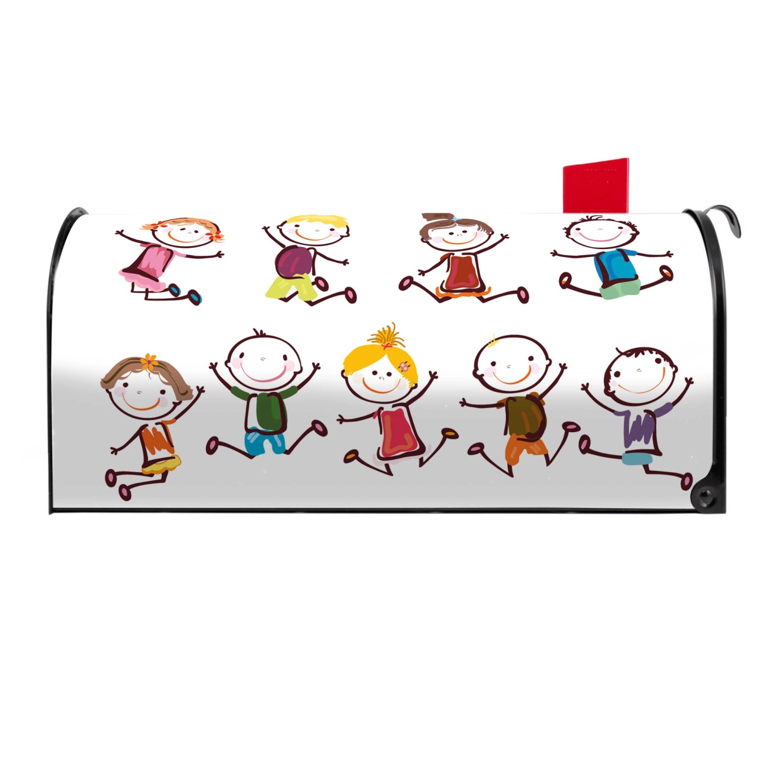 Schwarzer Banjado US Briefkasten mit Motiv Happy Kids, Stahl, 48x22x16cm.