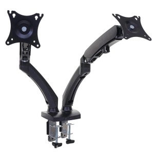 Schwarzer zweiarmiger Monitorhalter mit Tischklemme und VESA-Platten für Bürobedarf.