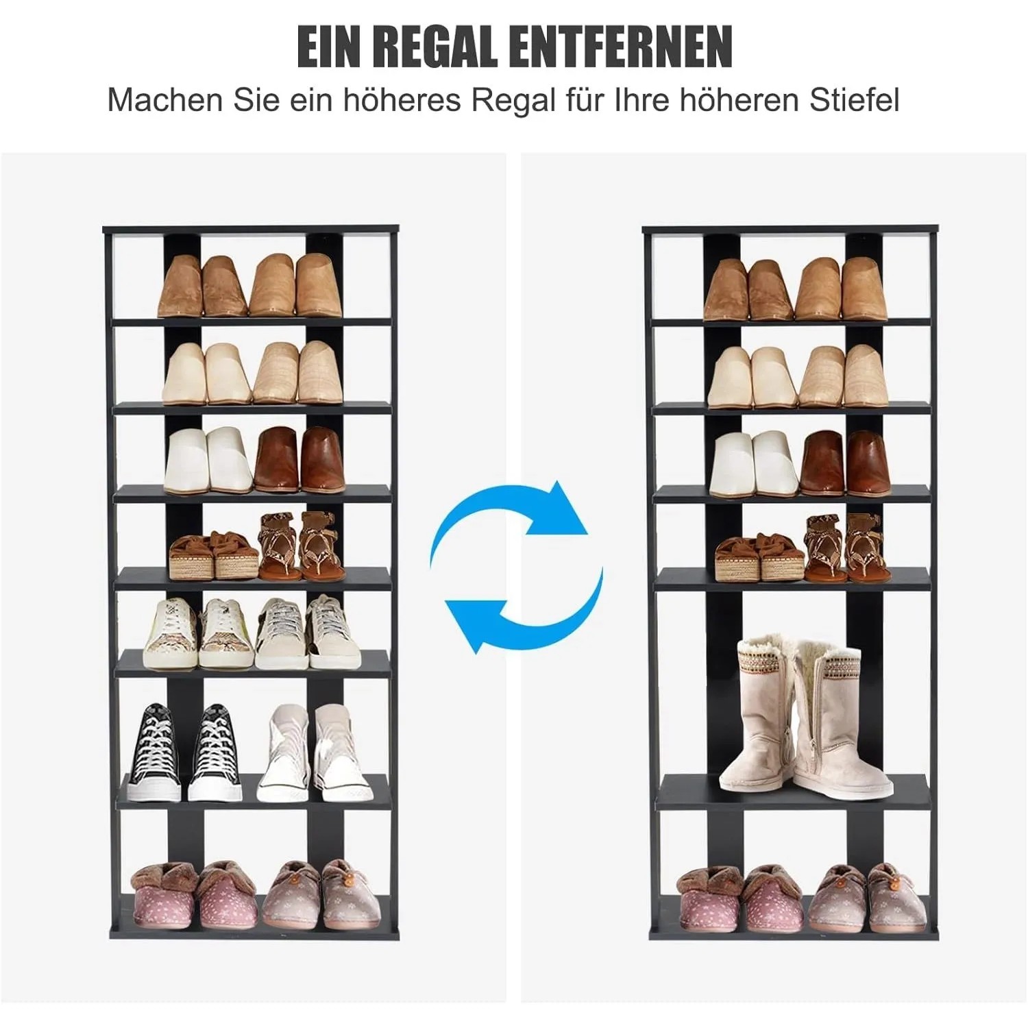 Schwarzes 8-stufiges Schuhregal aus Holz, höhenverstellbar, zeigt flexible Aufbewahrung für Schuhe und Stiefel.