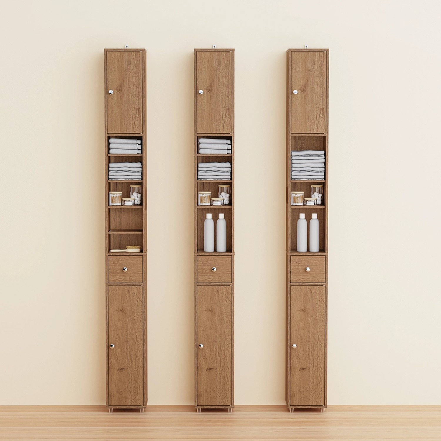 SoBuy Badmöbel-Set: Hochschrank mit 6 Böden, Schublade, schmal, Holzoptik. Ideal für kleine Bäder.