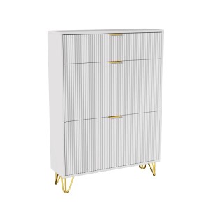 Weißer PXloue Schuhschrank mit drei Klappen und goldenen Füßen für Flur und Diele.