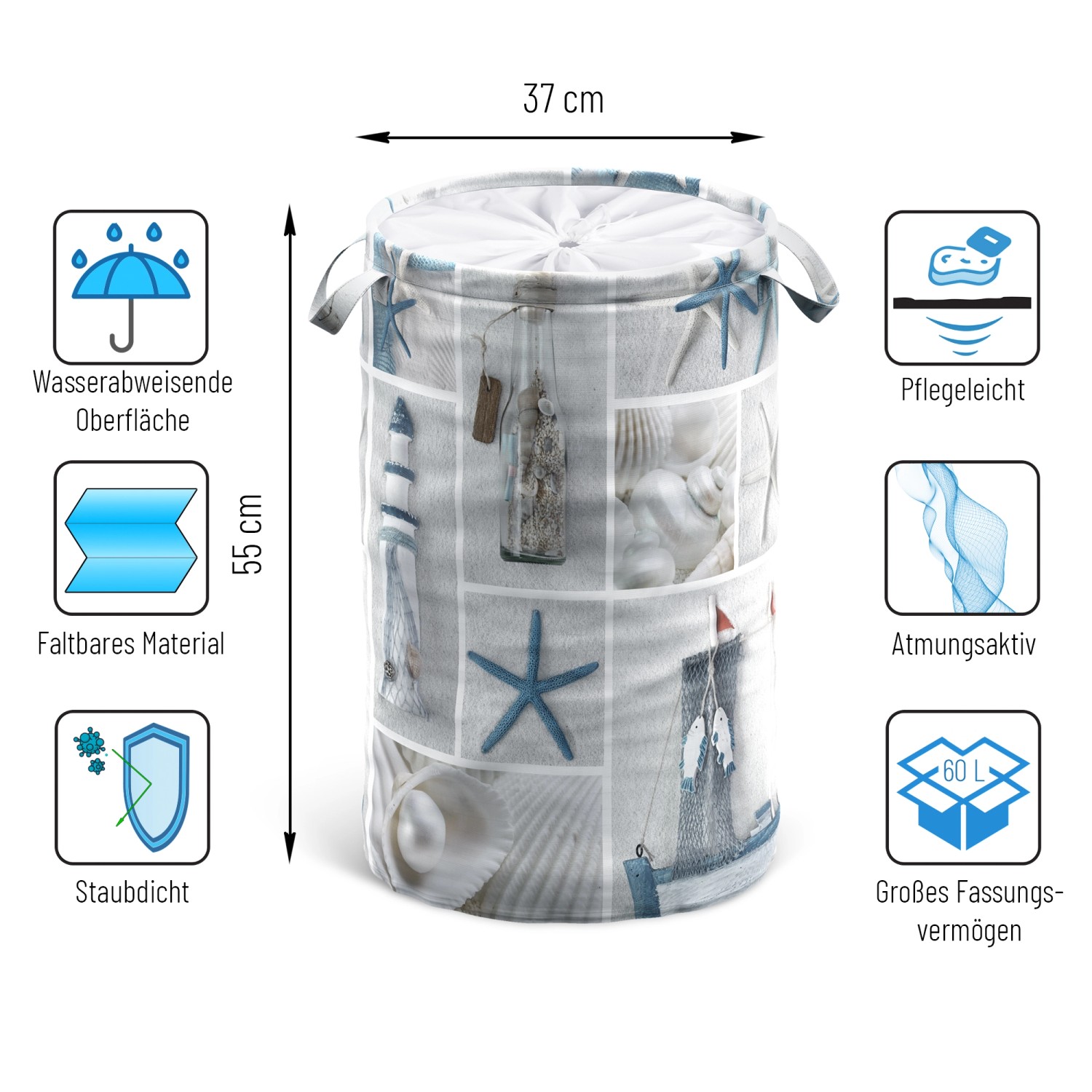 SANILO Wäschekorb Meeresbrise mit maritimen Motiven wie Muscheln und Seesternen.