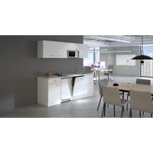 Weiße Flex-Well Classic Büroküche Wito mit Spüle, Kochfeld, Geschirrspüler und Mikrowelle.