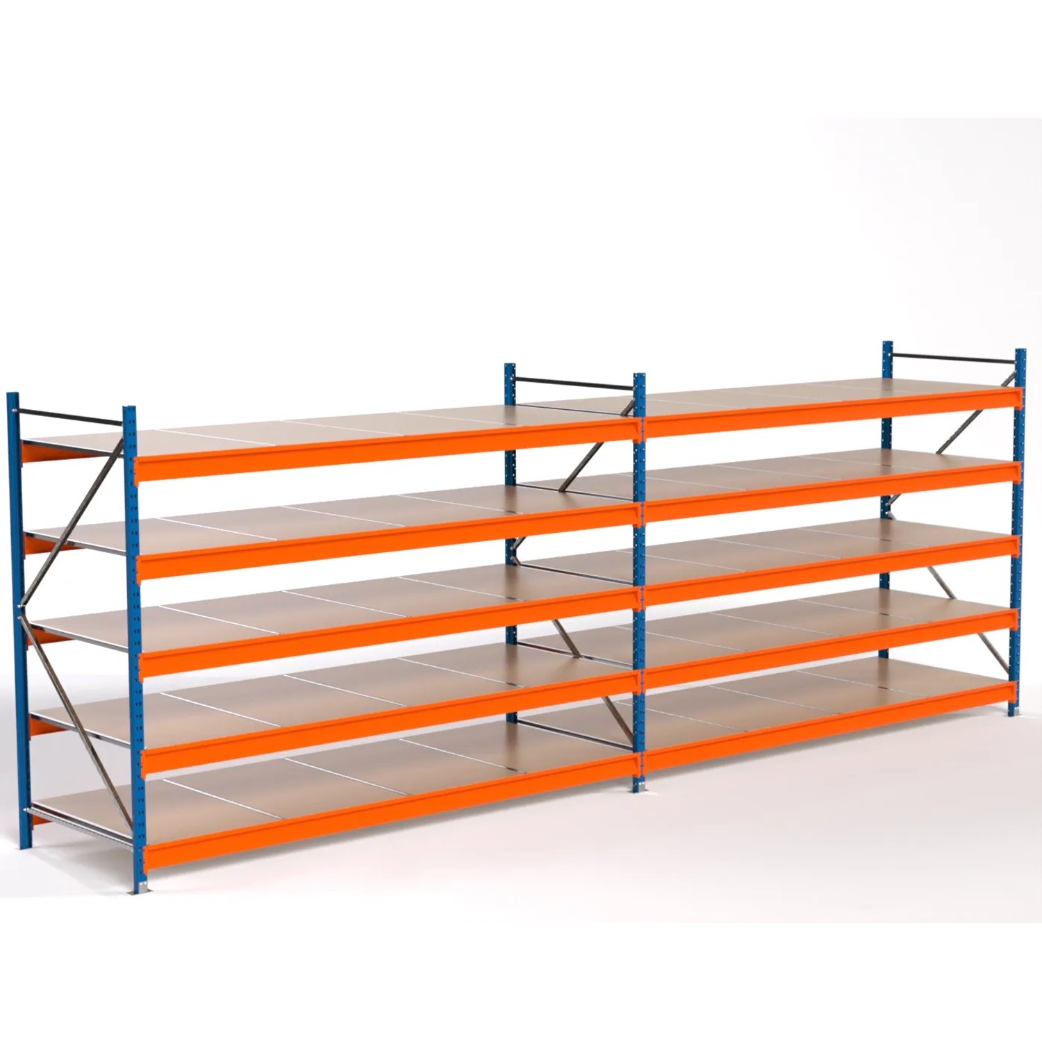 PROREGAL Industrie Weitspannregal Lagerregal MAXIMUS PRO Komplettregal 2 Felder HxBxT 200x550x100cm 5 Spanplatten-Fachboden Fachlast 450kg Blau/Orange