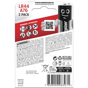 Energizer A76/LR44 Knopfzellen, 2er-Pack, 1,5V Alkaline Spezialbatterien für elektronische Geräte.