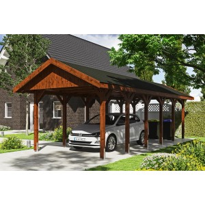 Satteldach-Carport Wallgau in Nussbaum mit schwarzen Schindeln und geparktem Auto.