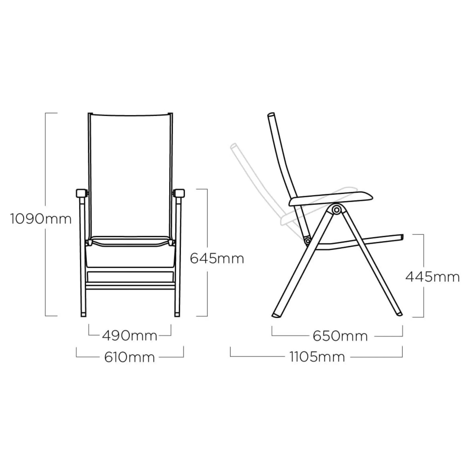 Maßzeichnung Kettler Basic Plus Klappsessel, Gartensessel. Front- & Seitenansicht mit Abmessungen und verstellbarer Rückenlehne.