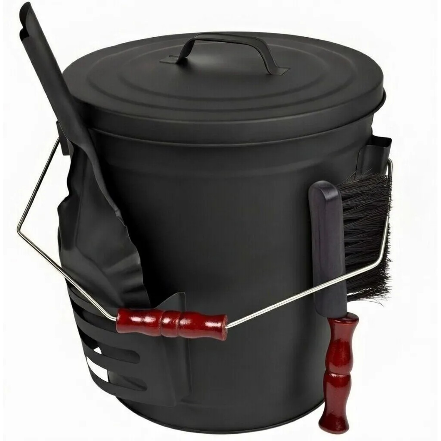 BLACK OAK Ascheeimer STROMBOLI 20L mit Schaufel und Handfeger – Aschebehälter aus Metall mit Edelstahlbügel Silber für K...