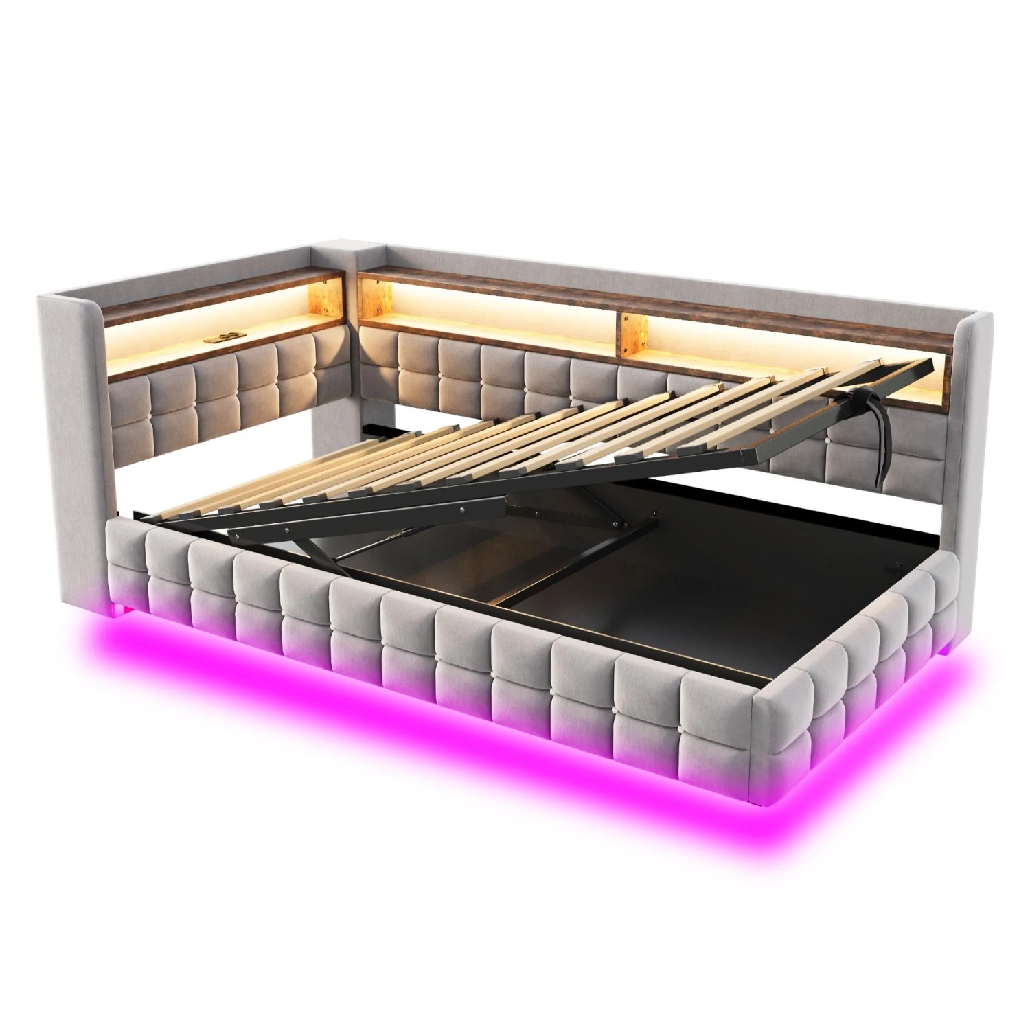 Merax Schlafsofa 90x200cm Hydraulik Stauraum LED USB Hellgrau